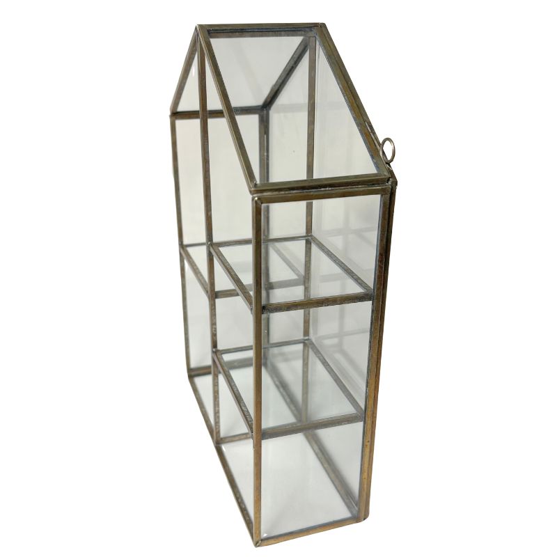 Small Aged Antique Brass Glass Display Organiser Cabinet