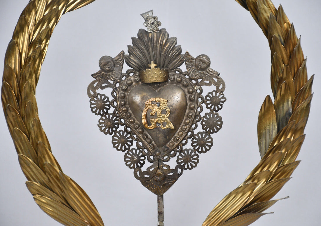 Antique Gold Leaf Wreath on Stand with Ex-Voto