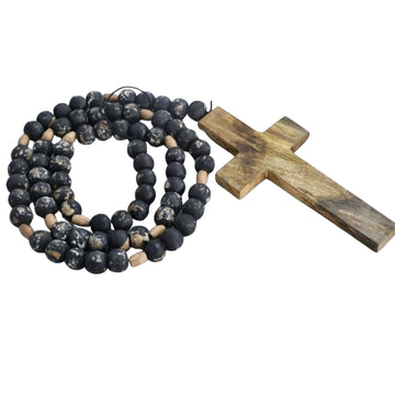 Distressed Black Wooden Bead Cross Garland