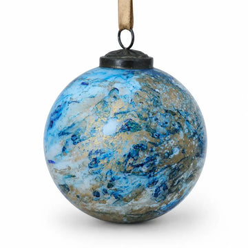 4" Vintage Marbled Glass Christmas Bauble – Blue & Gold