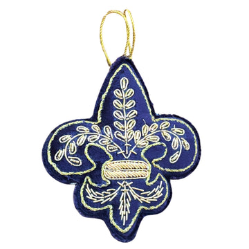 Blue Embroidered Velvet Fleur-De-Lis Ornament