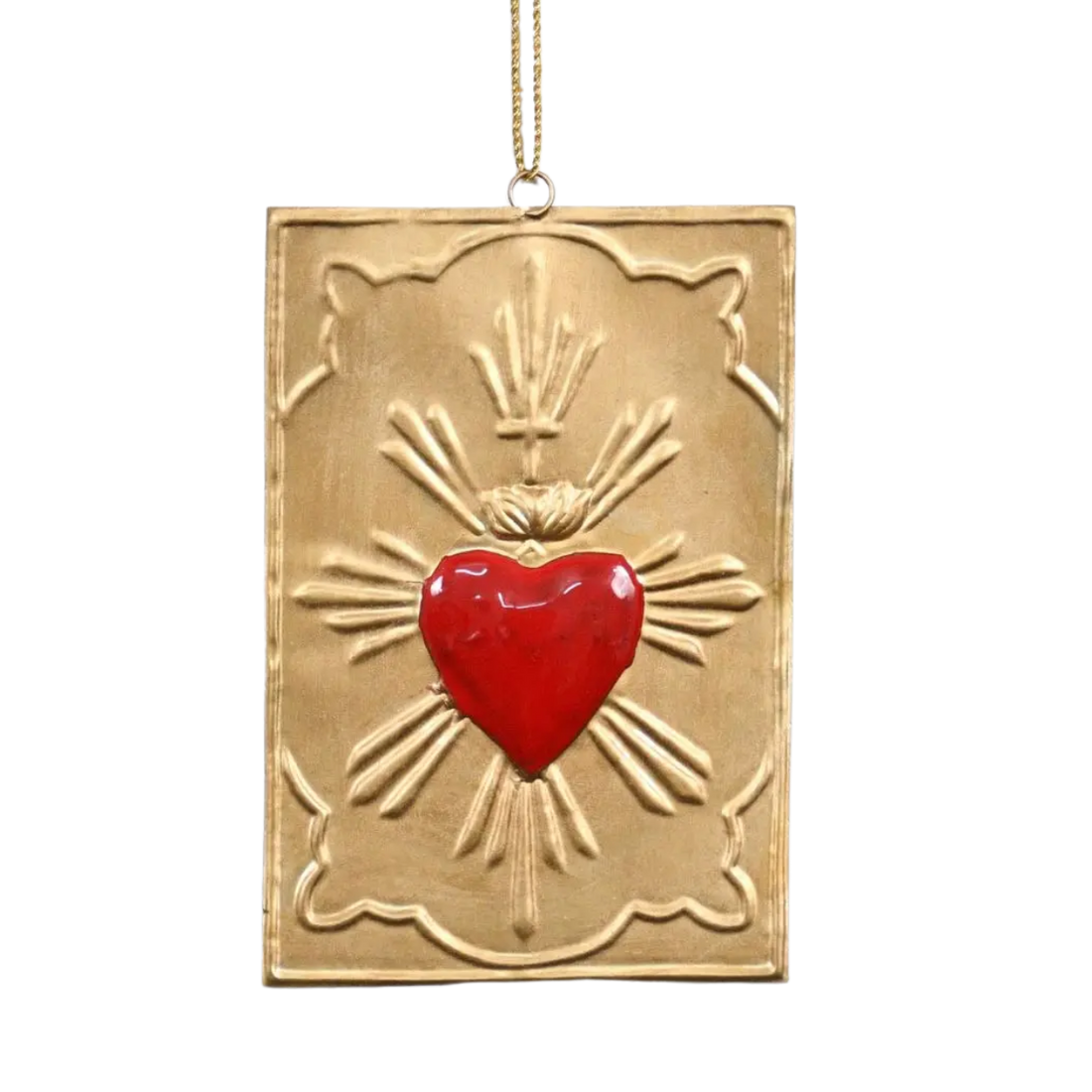 Red Sacred Heart Ex-Voto Wall Plaque in antique gold metal by Lila Rasa, with rectangular frame and red heart motif.