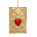 Red Sacred Heart Ex-Voto Wall Plaque in antique gold metal by Lila Rasa, with rectangular frame and red heart motif.