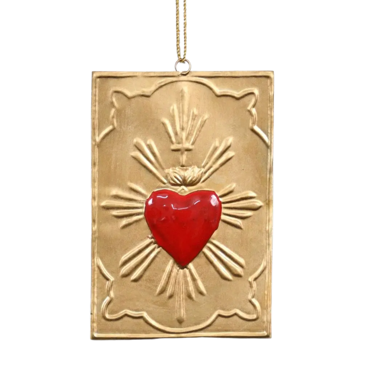 Red Sacred Heart Ex-Voto Wall Plaque in antique gold metal by Lila Rasa, with rectangular frame and red heart motif.