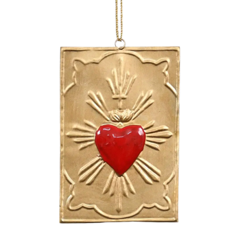 Red Sacred Heart Ex-Voto Wall Plaque in antique gold metal by Lila Rasa, with rectangular frame and red heart motif.