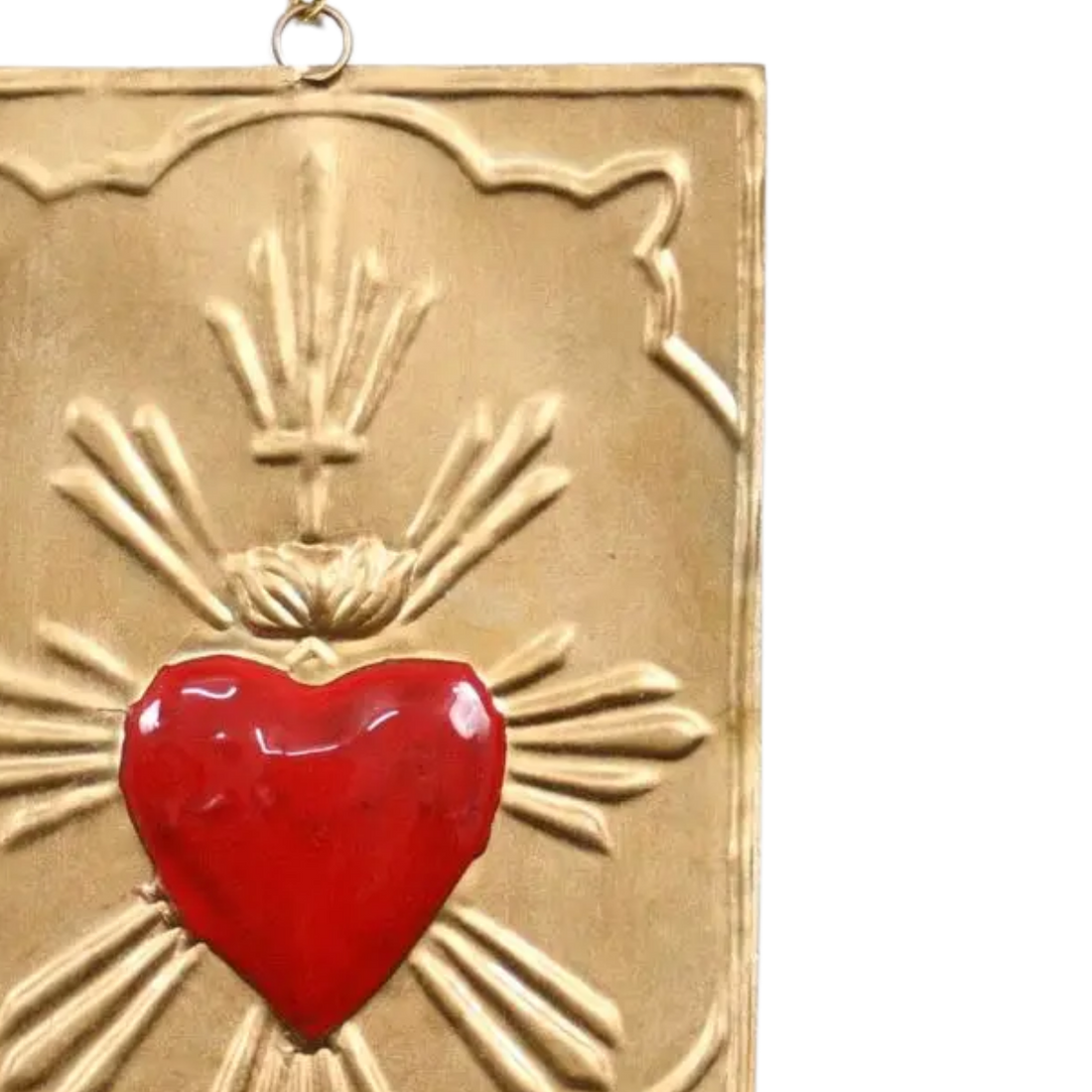 Red Sacred Heart Ex-Voto Wall Plaque in antique gold metal by Lila Rasa, with rectangular frame and red heart motif.