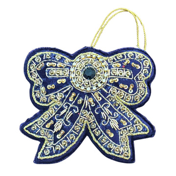 Hand-Embroidered Blue Velvet Bow Ornament