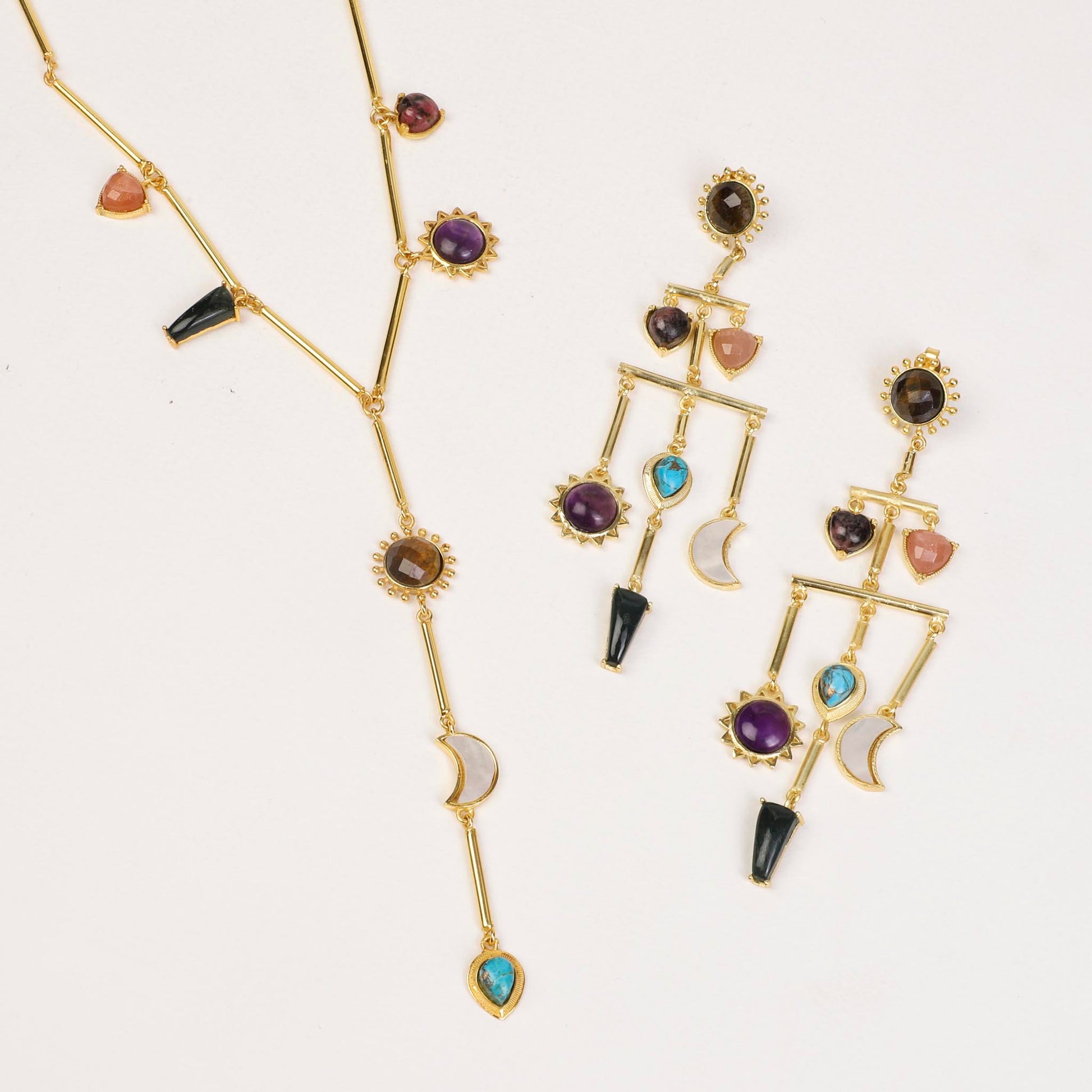 Stellar Elegance -  7 Healing Stones Multilayer Drop Earrings - Lila Rasa
