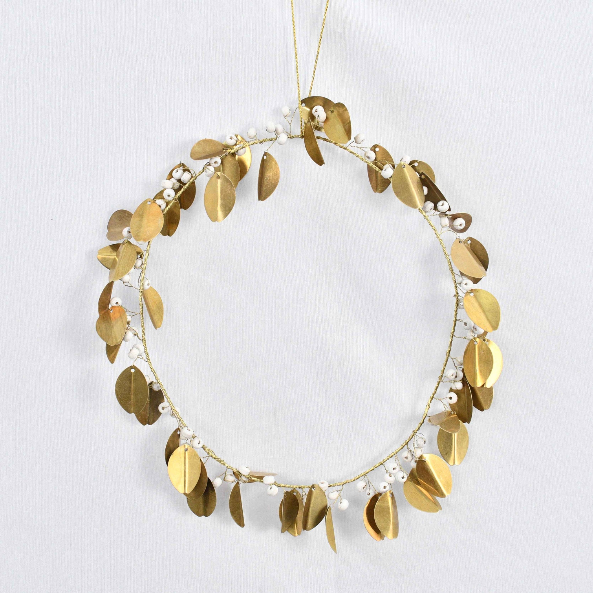 Golden Leaves And White Beads Small Wreath