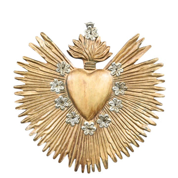 Large Antique Gold Milagro Heart " Sunburst Flame"