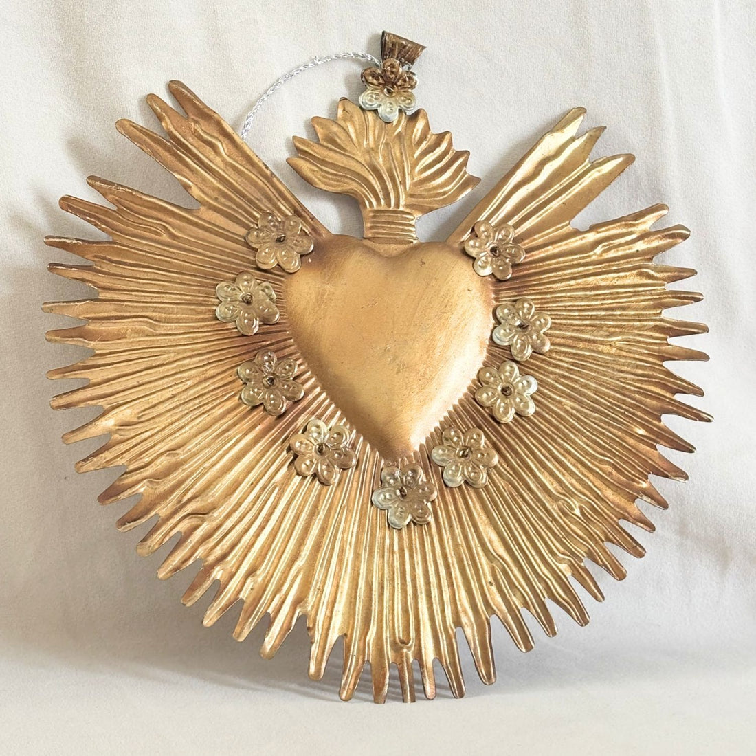 Large Antique Gold Milagro Heart " Sunburst Flame"