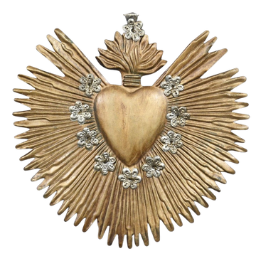 Large Antique Gold Milagro Heart " Sunburst Flame"