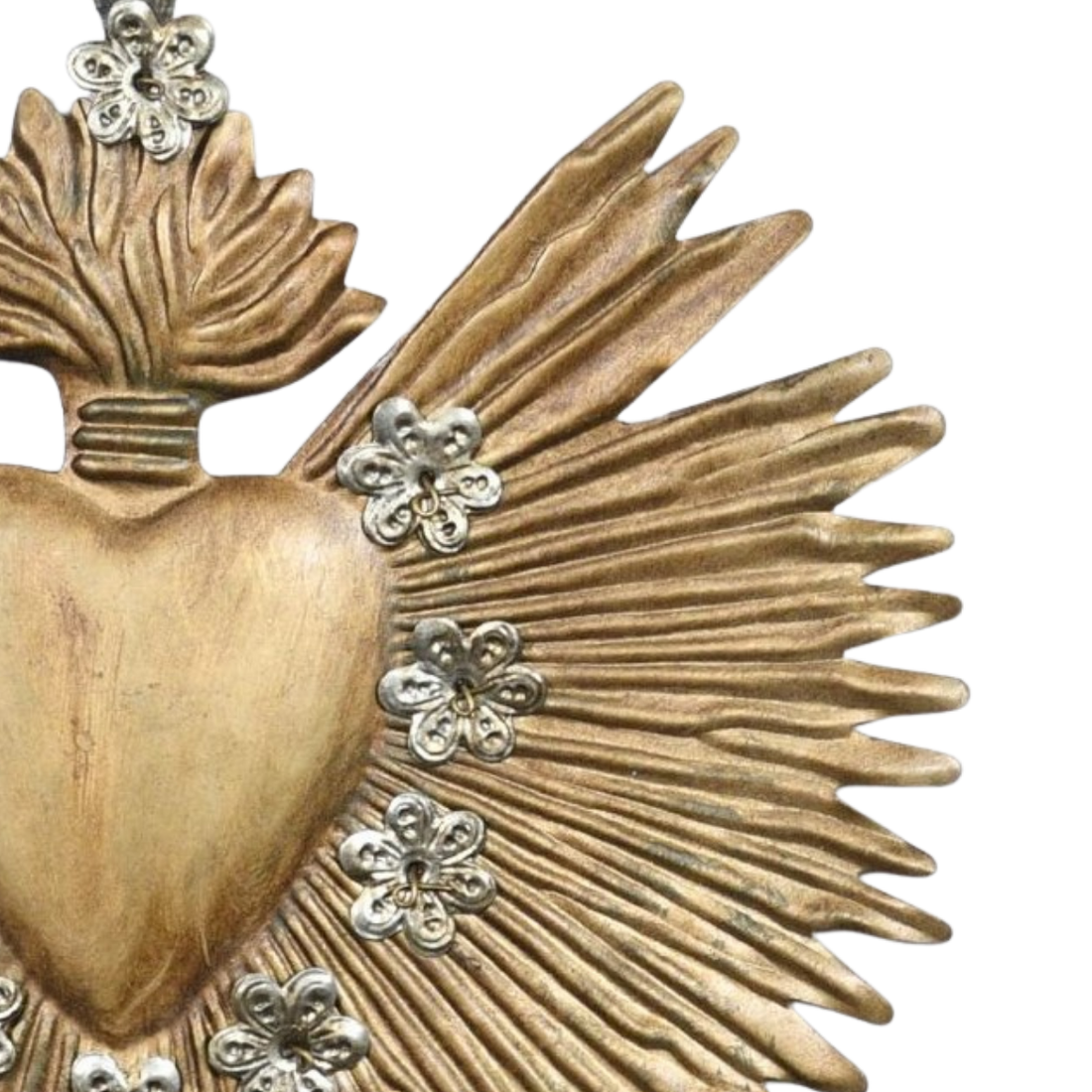 Large Antique Gold Milagro Heart " Sunburst Flame"