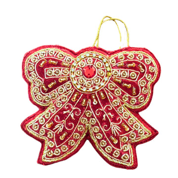 Red Velvet Embroidered Bow Ornament