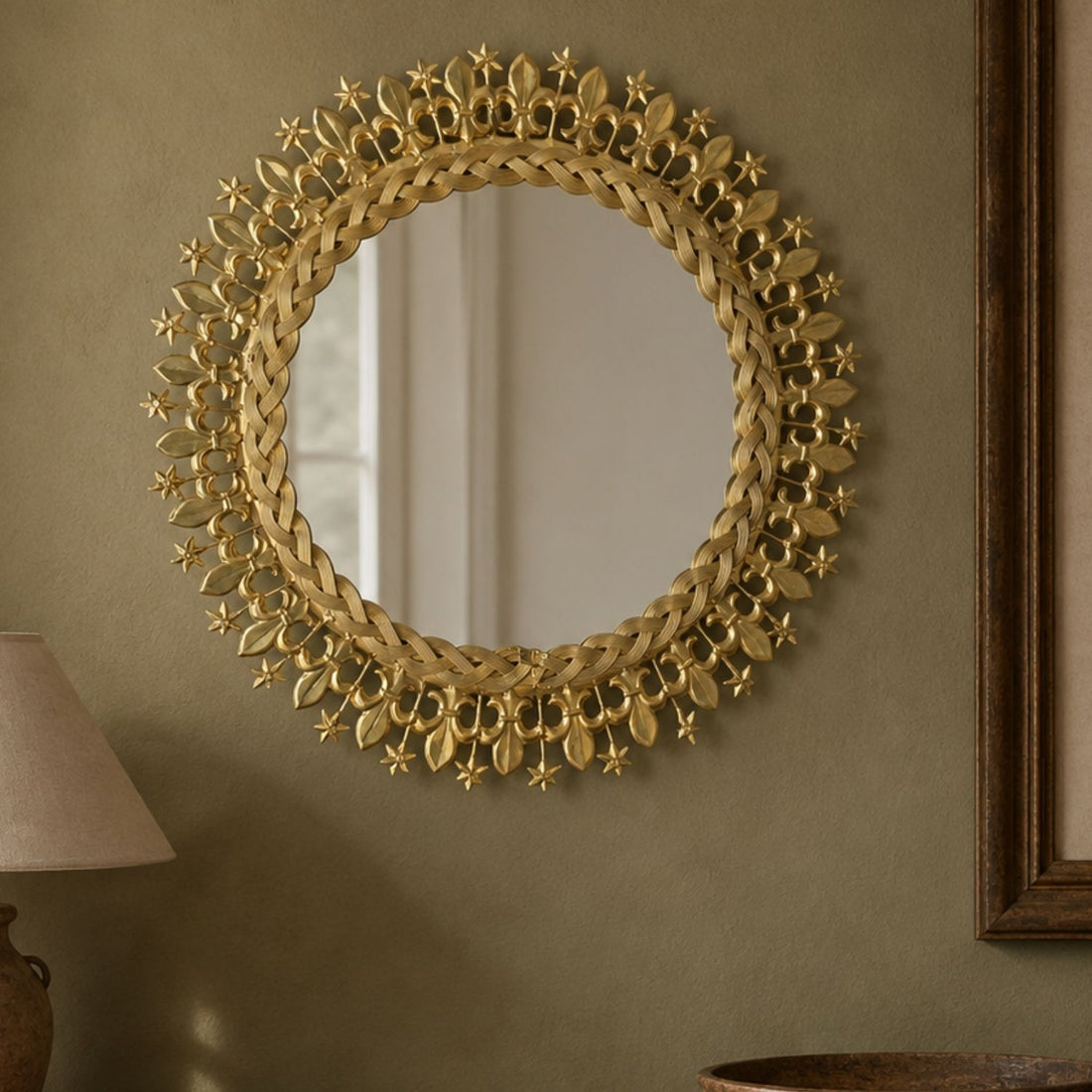 Round Shaped Jewelled Mirror With Braid